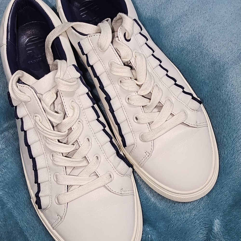 Classic White and Navy Tory Burch Sneakers